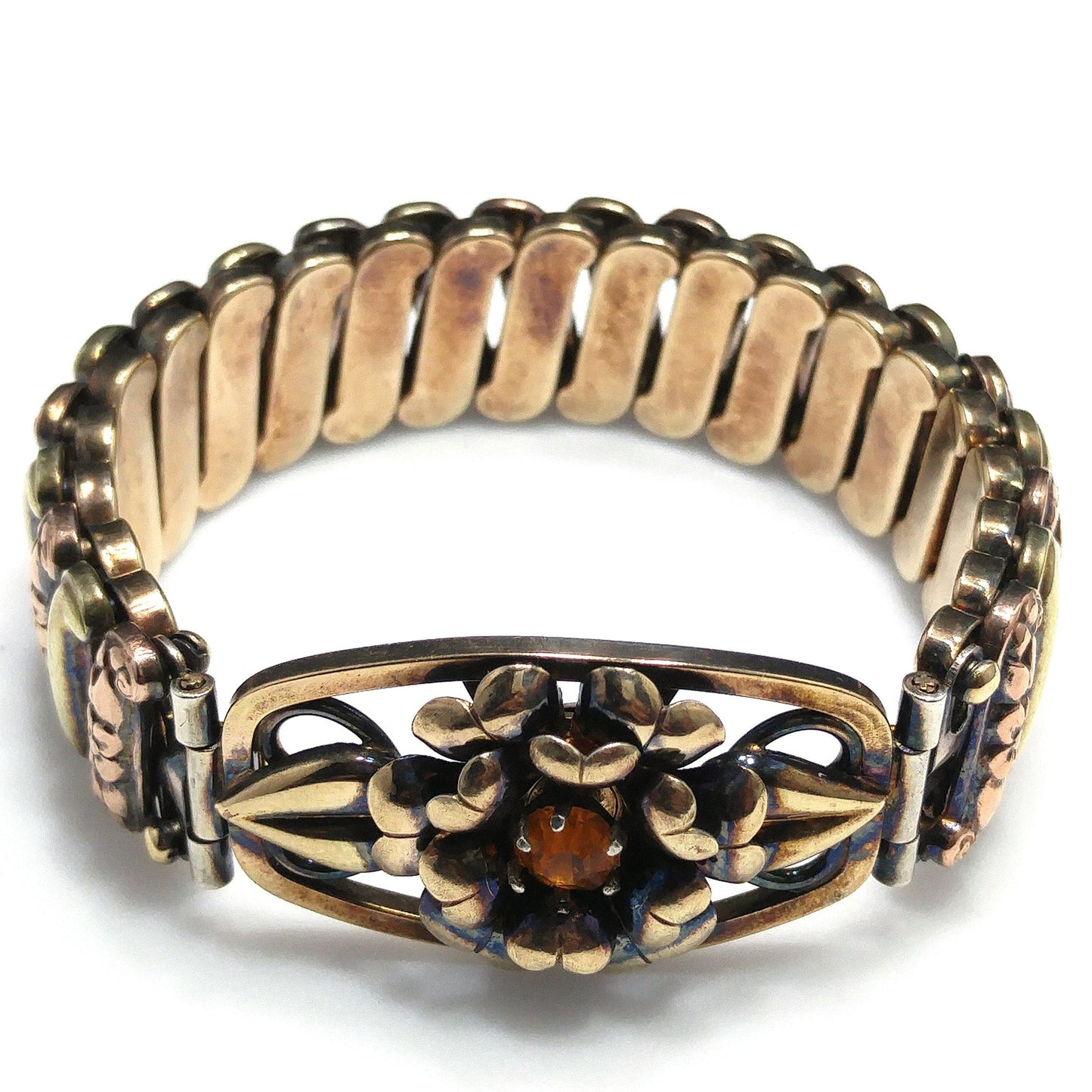 Antique Lustern Expansion Bracelet, 12KGF Sterling, Orange Rhinestone, 1920s Vintage Jewelry