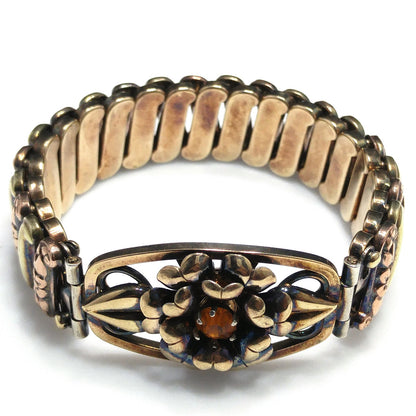 Antique Lustern Expansion Bracelet, 12KGF Sterling, Orange Rhinestone, 1920s Vintage Jewelry