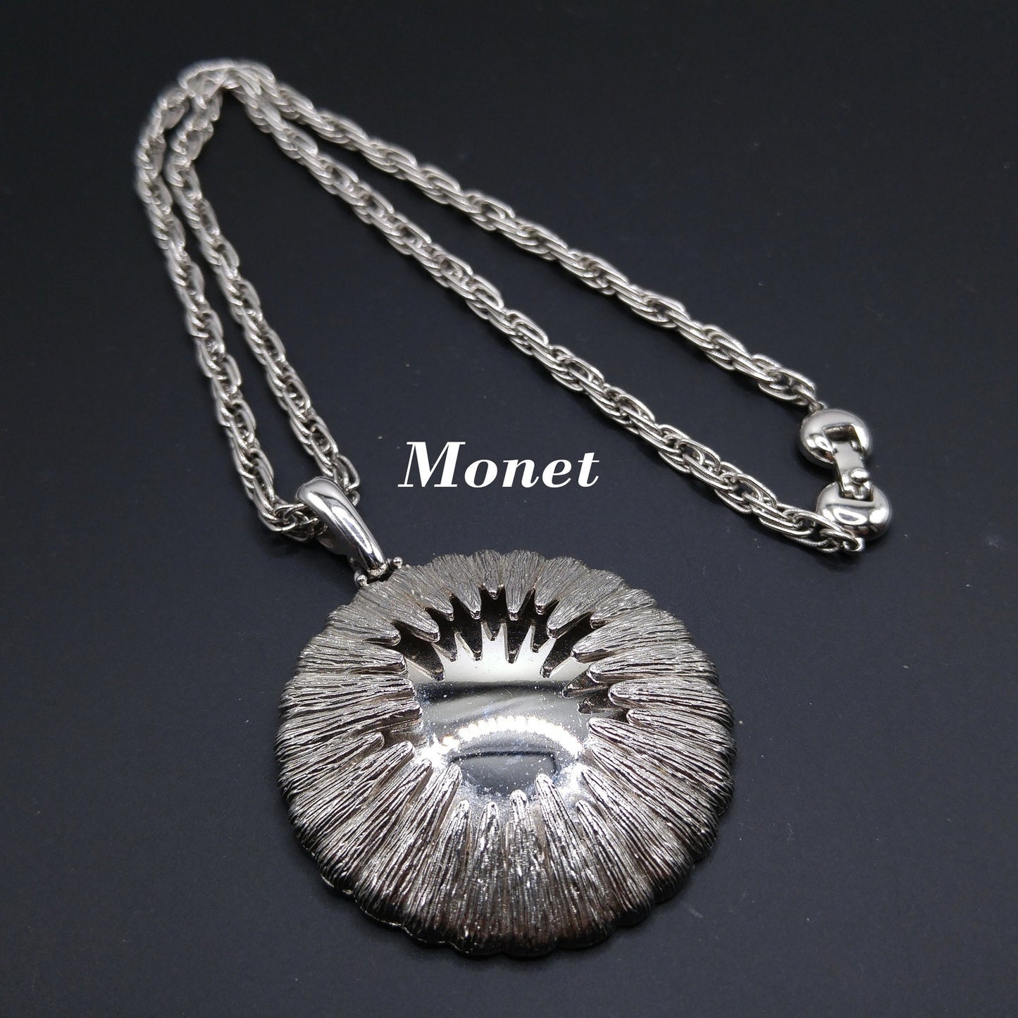 Monet Rhodium Plated Pendant Necklace, Fold Over Clasp, 1960s Vintage Jewelry