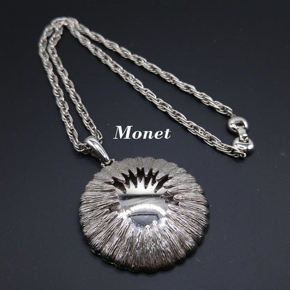 Monet Rhodium Plated Pendant Necklace, Fold Over Clasp, 1960s Vintage Jewelry