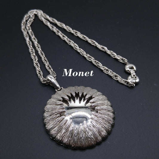 Monet Rhodium Plated Pendant Necklace, Fold Over Clasp, 1960s Vintage Jewelry