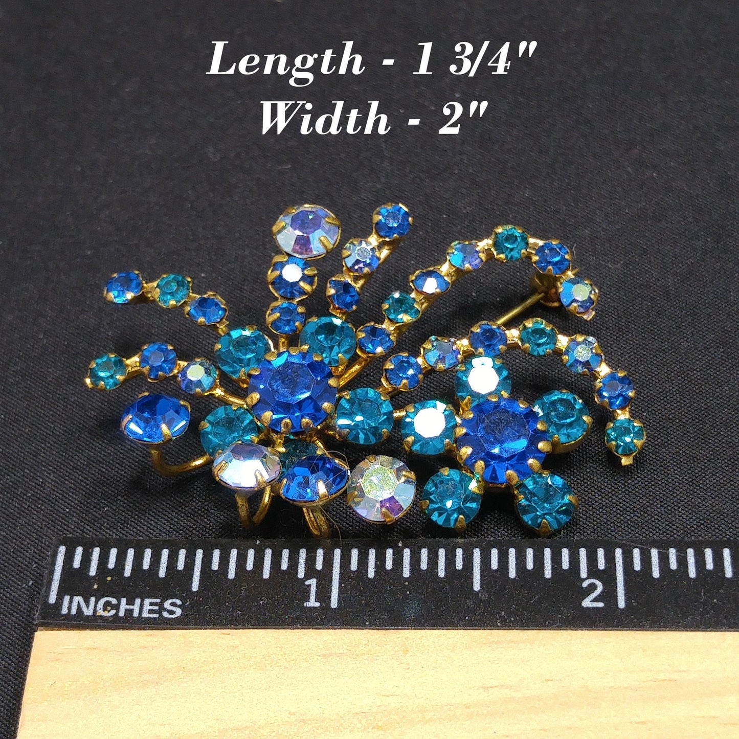 Austria Teal Blue Aurora Borealis Brooch, Floral Spray, 1950s Vintage Jewelry