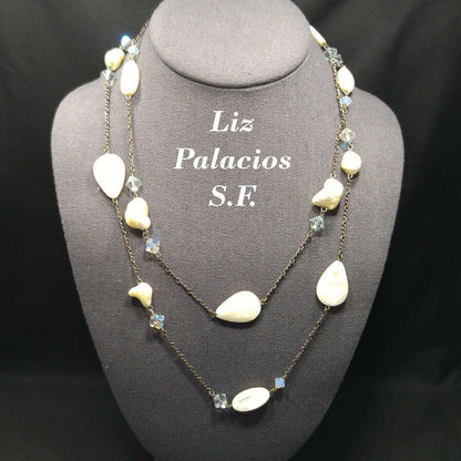 Liz Palacios S.F. White Shell & Crystal Long Necklace, 42 Inch Layering Necklace, Vintage Jewelry