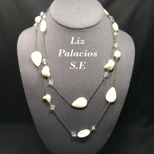 Liz Palacios S.F. White Shell & Crystal Long Necklace, 42 Inch Layering Necklace, Vintage Jewelry