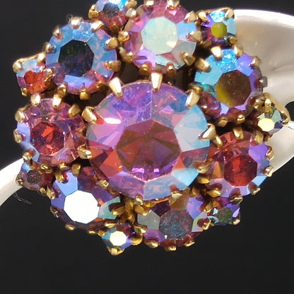 Kramer Pink Brooch Clip Earrings, Aurora Borealis, 1960s Vintage Jewelry
