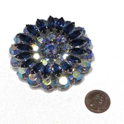 Mid Century Blue Aurora Borealis Brooch, Rhodium Plated, 1960s Vintage Jewelry