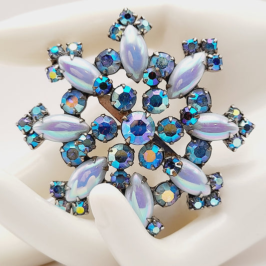 Vintage Blue Aurora Borealis Snowflake Brooch Pin