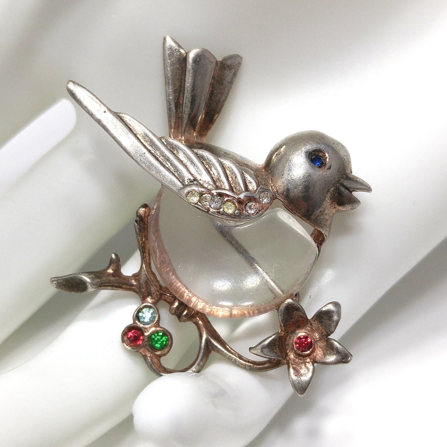Sterling Silver Clear Lucite Bird Brooch, Jelly Belly Pin, 1940s Vintage Jewelry