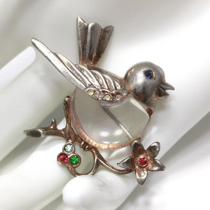 Sterling Silver Clear Lucite Bird Brooch, Jelly Belly Pin, 1940s Vintage Jewelry
