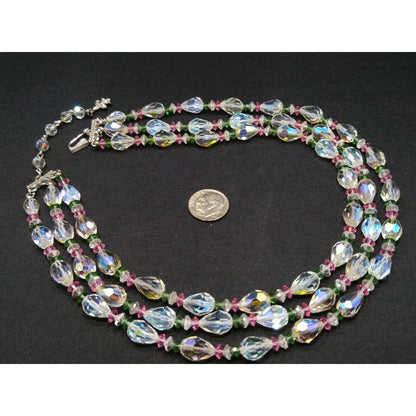 Vendome Crystal Aurora Borealis Pastel Beaded Necklace, 3 Strands Pink Green Crystal Beads, 1960s Vintage Jewelry