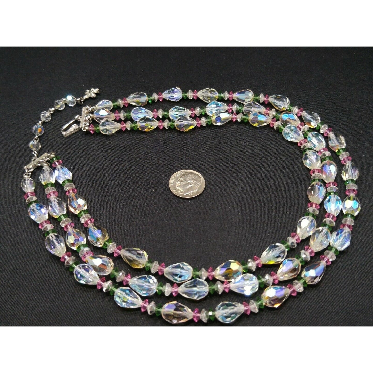 Vendome Triple Strand AB Crystal Necklace Pastel Pink Green Beads Vintage 1950s