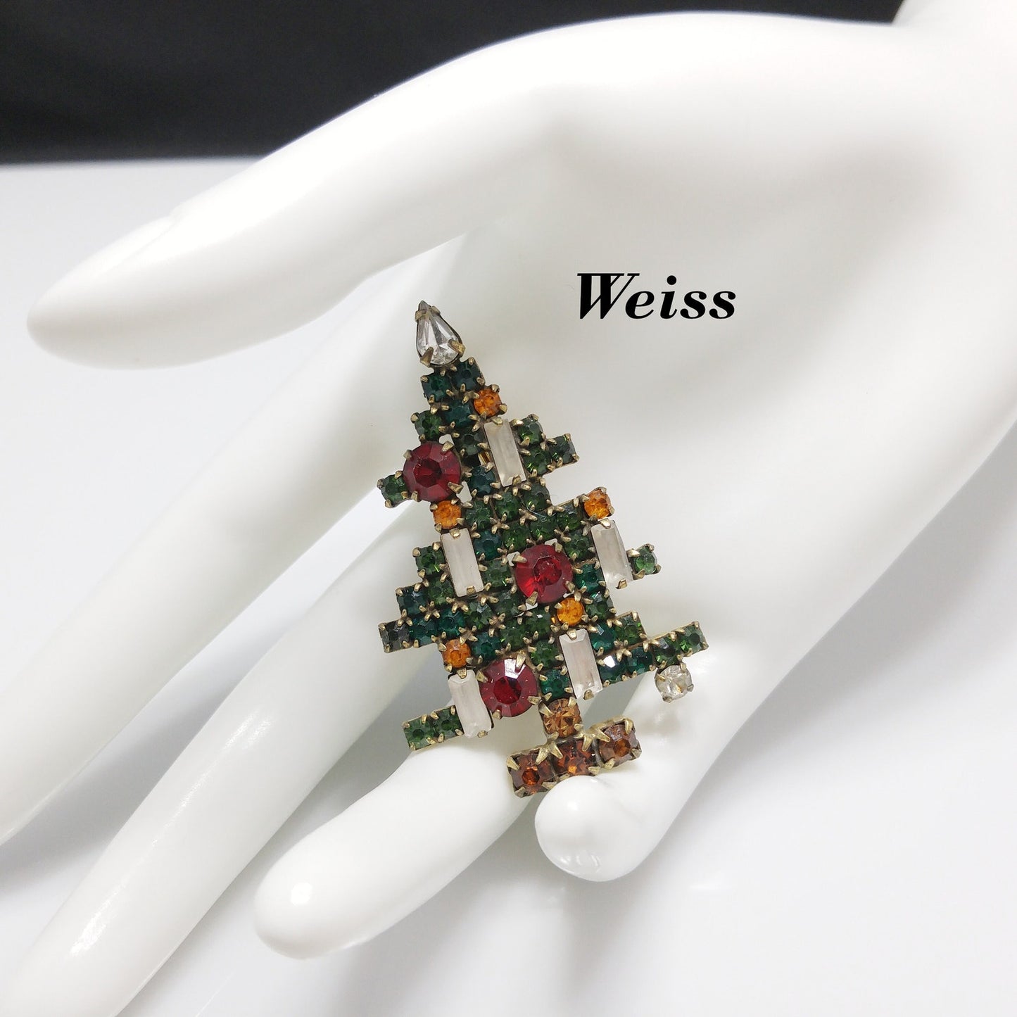 Weiss Christmas Tree Brooch, Five Baguette Candles, Book Piece, 1950s Vintage