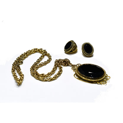 Whiting & Davis Victorian Black Gold Pendant Necklace Set, Clip Filigree Earrings, 1960s