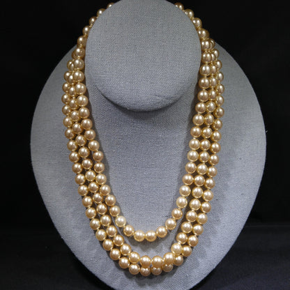 Faux Pearl Champagne Necklace, Three Strands, Glass Pearls, 1960s Vintage Jewelry