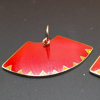 Laurel Burch "Mitra" Red Large Fan Earrings, Gold Plated, Cloisonne Enamel, 1980s Vintage Jewelry