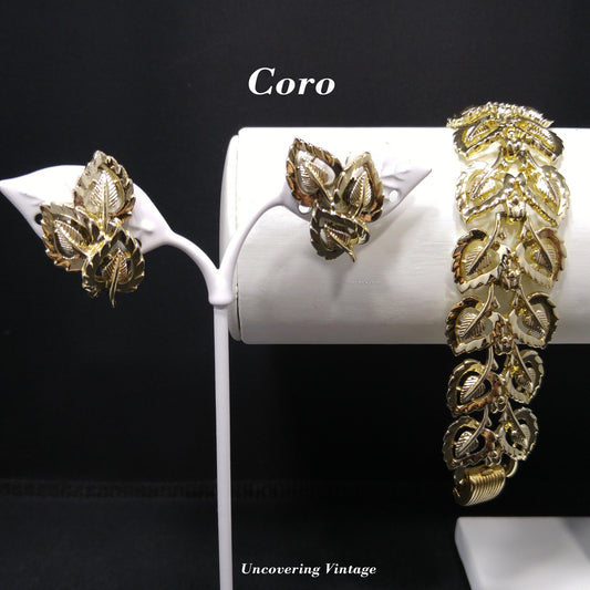 Coro Pegasus Gold Leaf Bracelet Screw-Back Earrings Set, Gold Plated, 1950s Vintage