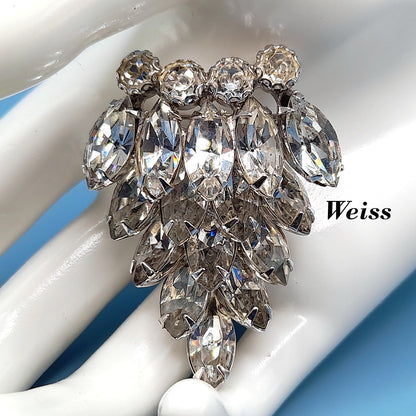 Vintage WEISS Wedding Brooch, Clear Crystal Rhinestones, Rhodium Plated, 2 Inches, 1960s