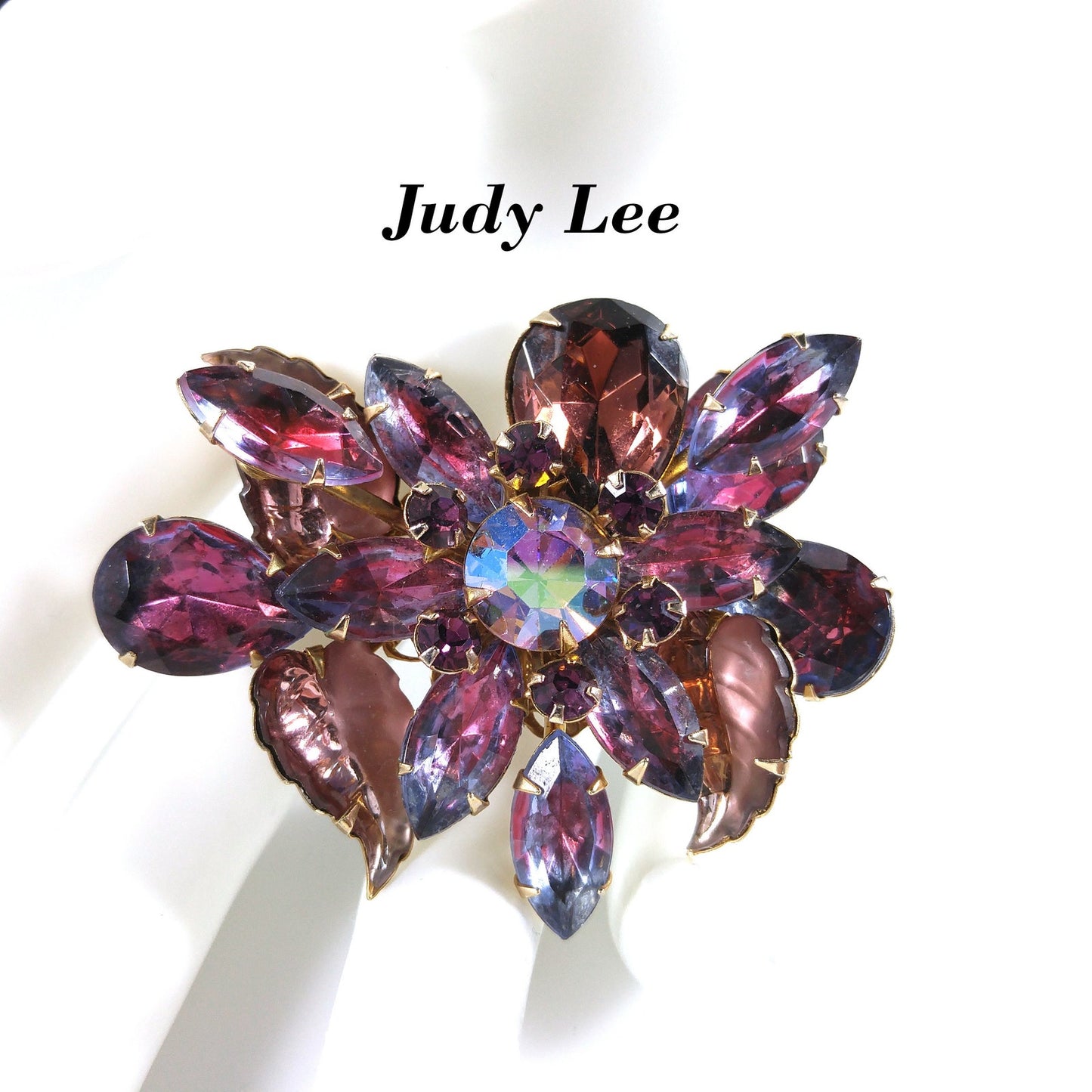 Judy Lee Purple Molded Leaves Brooch, Aurora Borealis Rhinestones, 1950s Vintage Jewelry