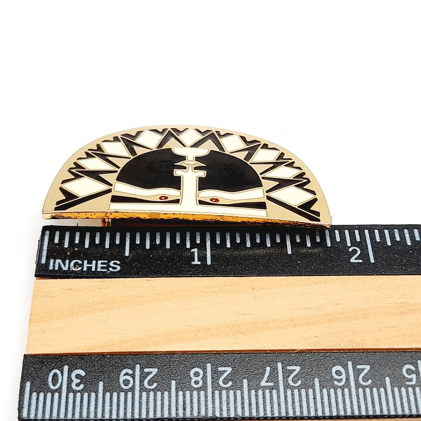 Vintage Laurel Burch Sunface Brooch, Black White Enamel Gold Plated Pin, 1980s Cloisonné Jewelry, Artistic Statement Accessory 1 3/4 Inch