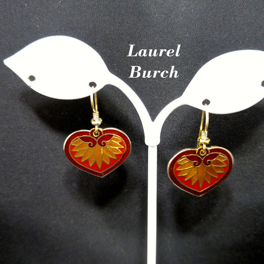 Vintage Laurel Burch Hollyhock Floral Earrings, Gold Plated Cloisonne, Red Enamel