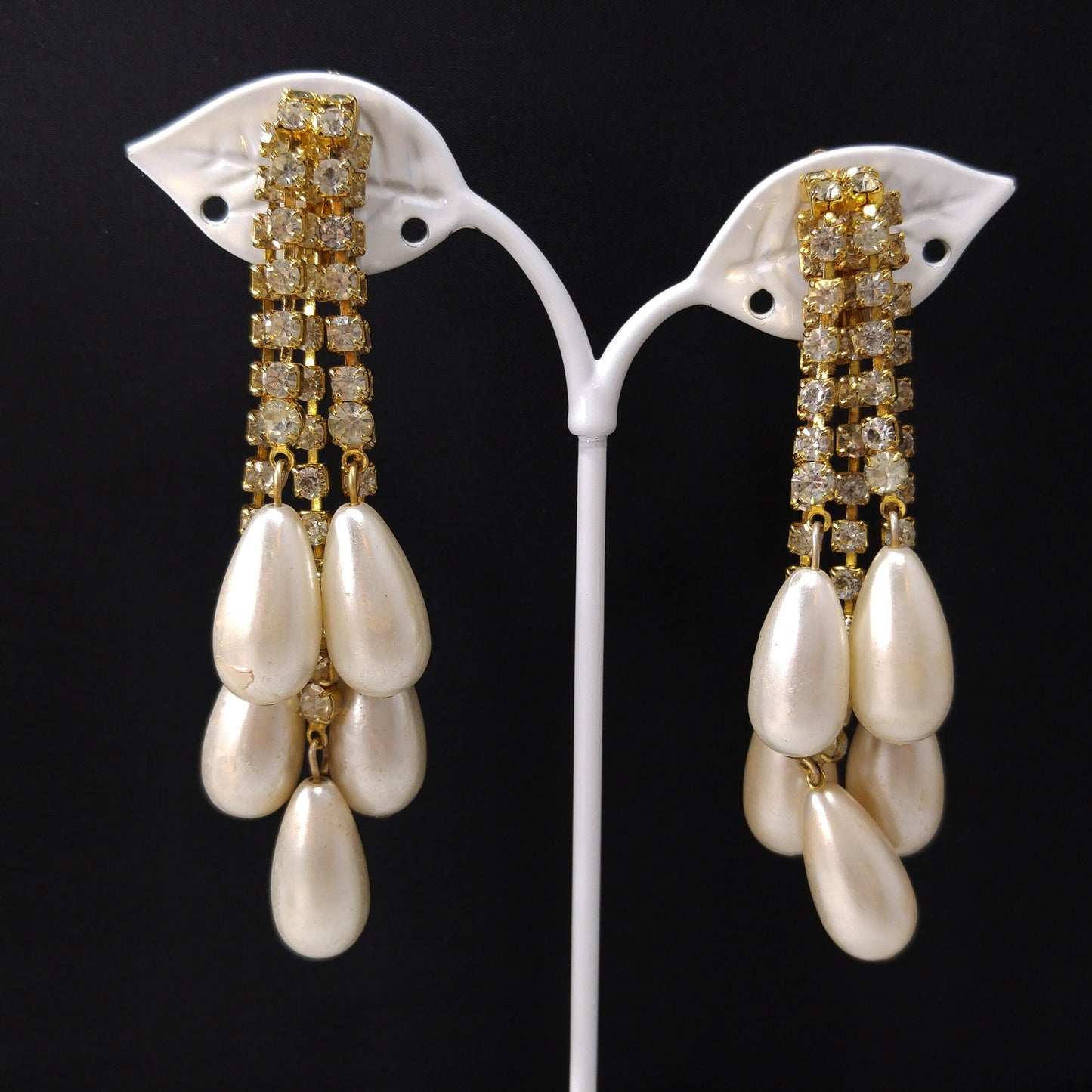 Vintage Rhinestone Gold Plated Brooch & Earrings, Faux Pearls, 1970s