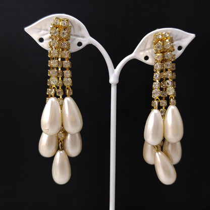 Vintage Rhinestone Gold Plated Brooch & Earrings, Faux Pearls, 1970s
