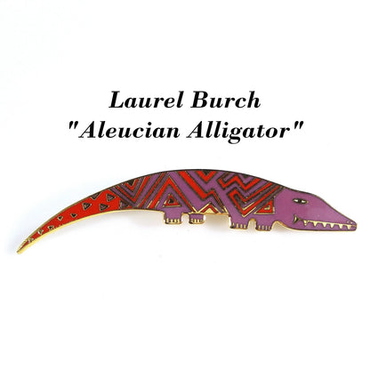 Laurel Burch "Aleucian Alligator" Brooch, Gold Plated Cloisonné Red Purple Enamel, 1980s Vintage Jewelry