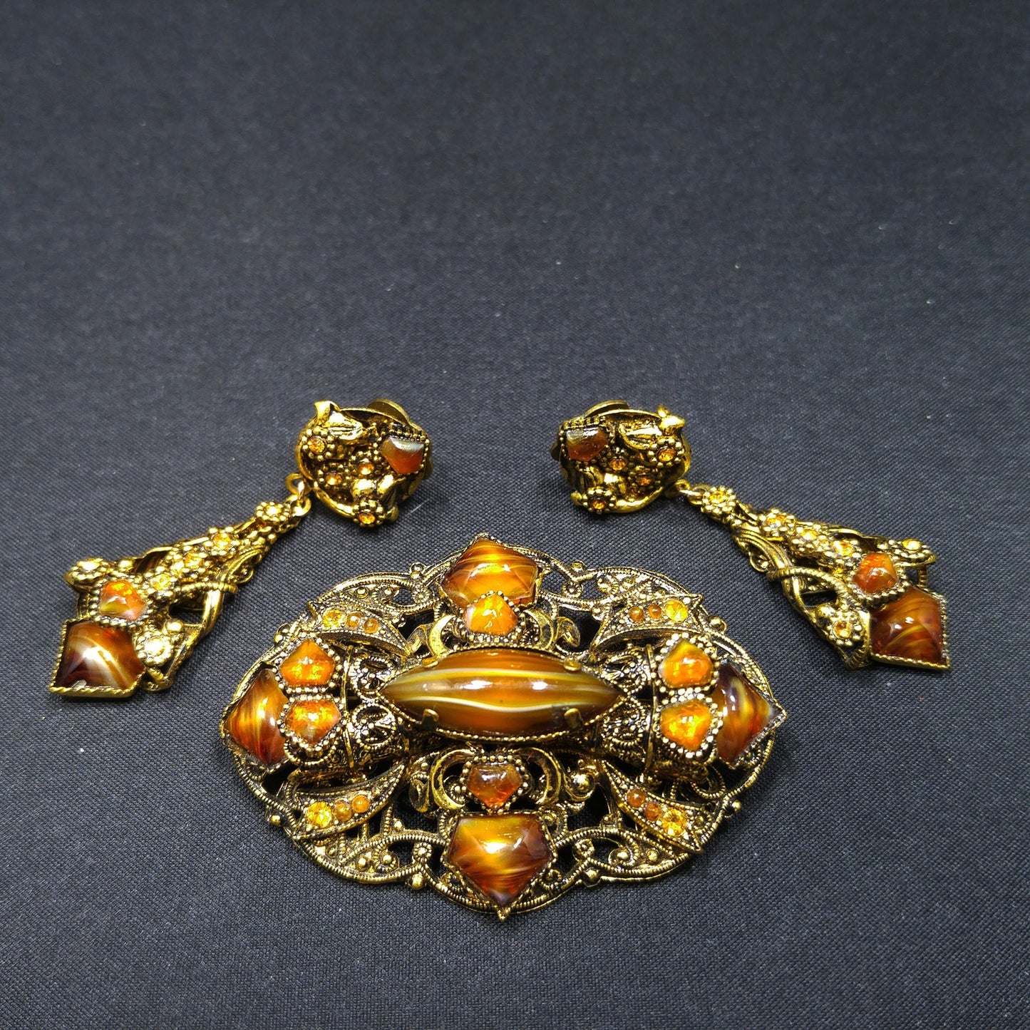 Filigree Topaz Art Glass Brooch & Clip Earrings, Dangle Earrings, 1950s Vintage Jewelry