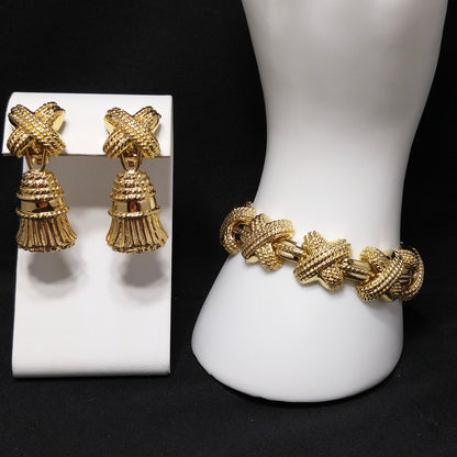 Vintage Ivana Tassel Earrings & Bracelet Set, Gold Plated, 1990s Vintage Jewelry
