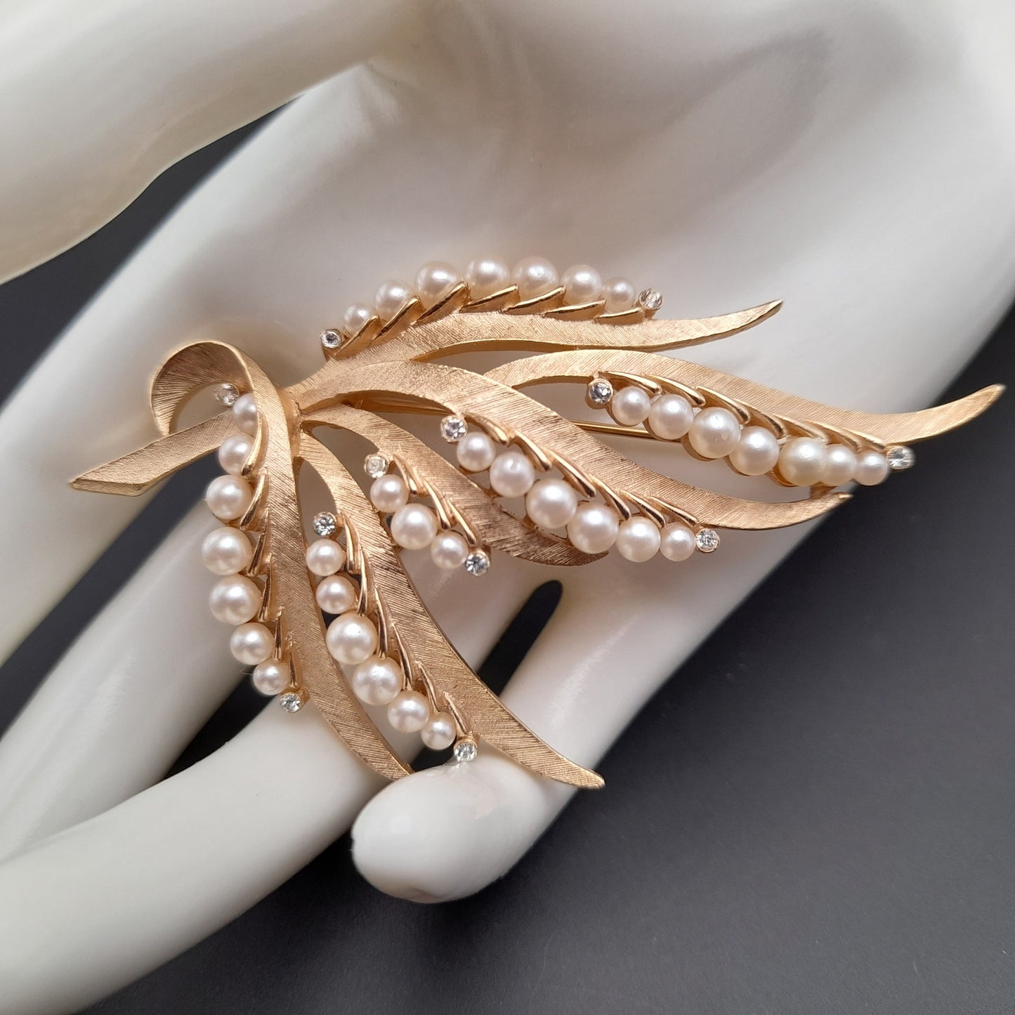 Vintage Crown Trifari Brooch – Gold Plated Satin Finish with Faux Pearls & Rhinestones