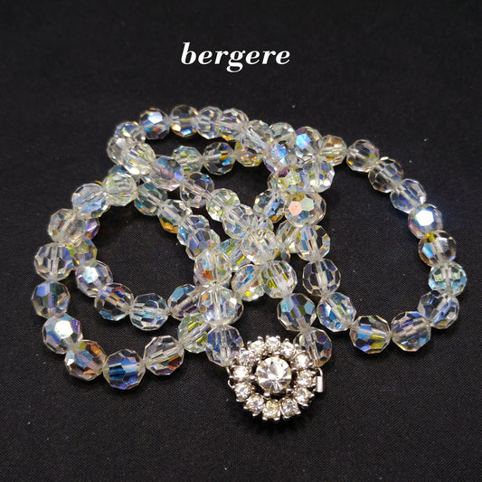 Bergere Aurora Borealis Crystal Long Necklace, Thread on Chain, Rhinestone Clasp, 1960s Vintage Jewelry