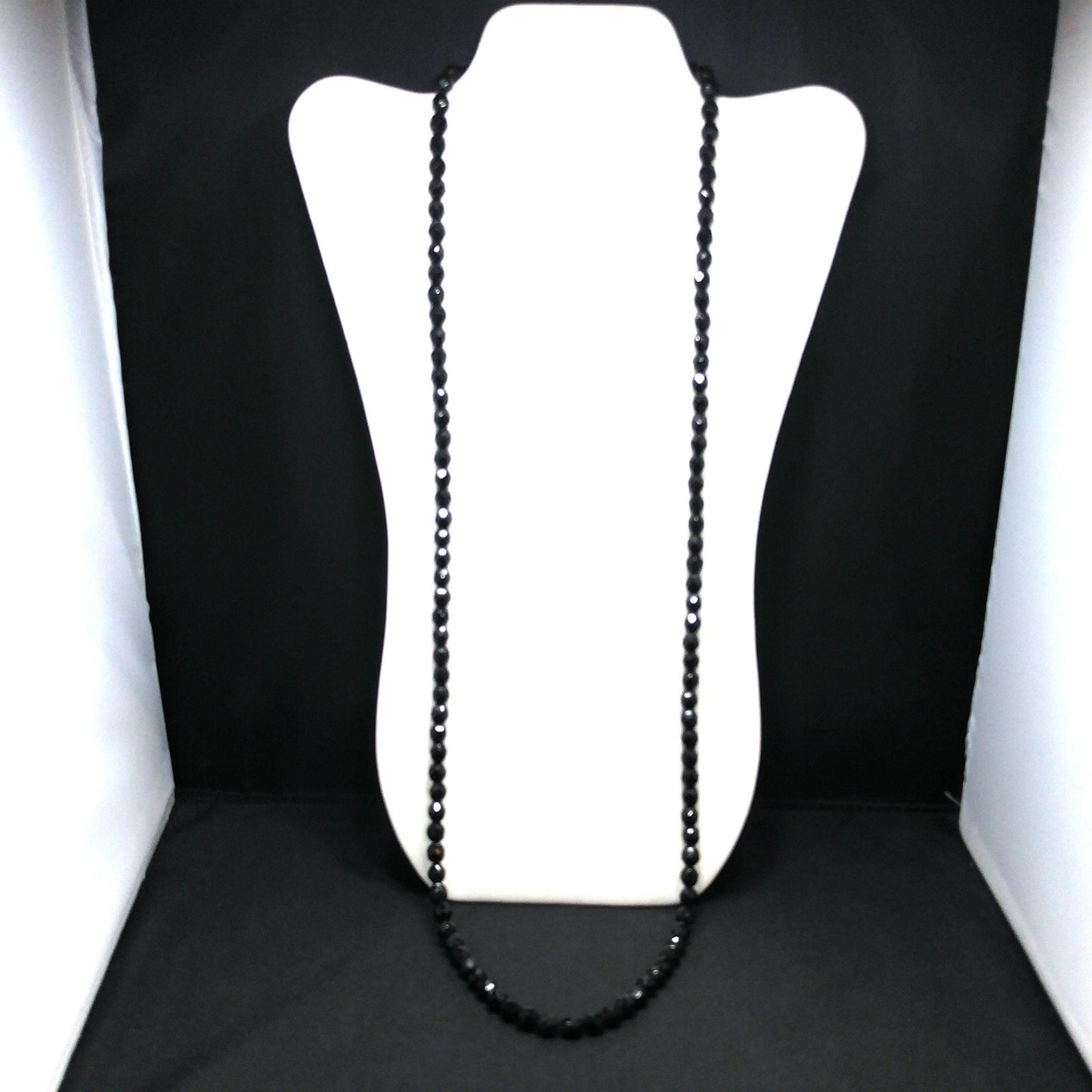 Hobe' Long Black Glass Faceted Bead Necklace, 36 Inches, 1950s Vintage Jewelry