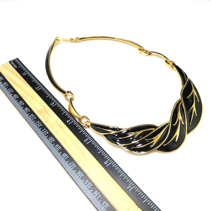 Monet Black Enamel Leaves Choker Necklace, Gold Plated, 1980s Vintage Jewelry