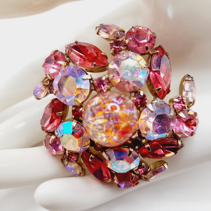 Vintage Pink Rhinestone Brooch, Dragon’s Breath Glass, Gold Tone, 1950s