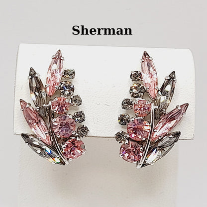 Vintage Sherman Pink Silver Floral Spray Rhodium Plated Clip Earrings