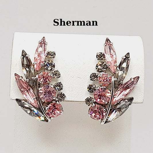 Vintage Sherman Pink Silver Floral Spray Rhodium Plated Clip Earrings
