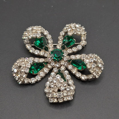 Kramer Floral Brooch, Emerald Green Rhinestones, Rhodium Plated 1960s Vintage Jewelry