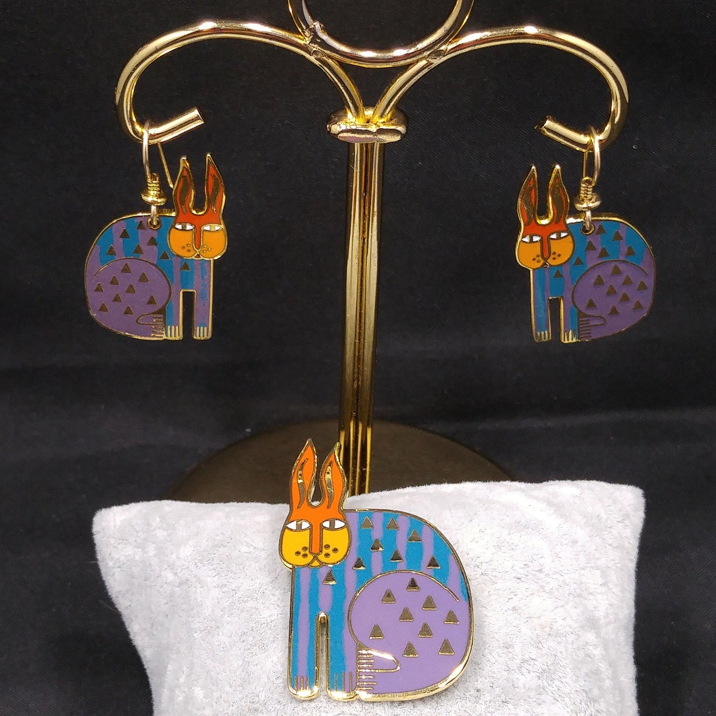 Laurel Burch "Rabbit For Ross" Brooch & Earring Set, Rainbow Enamel, Gold Plated, 1980s