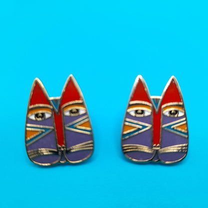 Laurel Burch "Gato" Cat Post Earrings, Enamel Cloisonne, Gold Plated, 1980s Vintage Jewelry