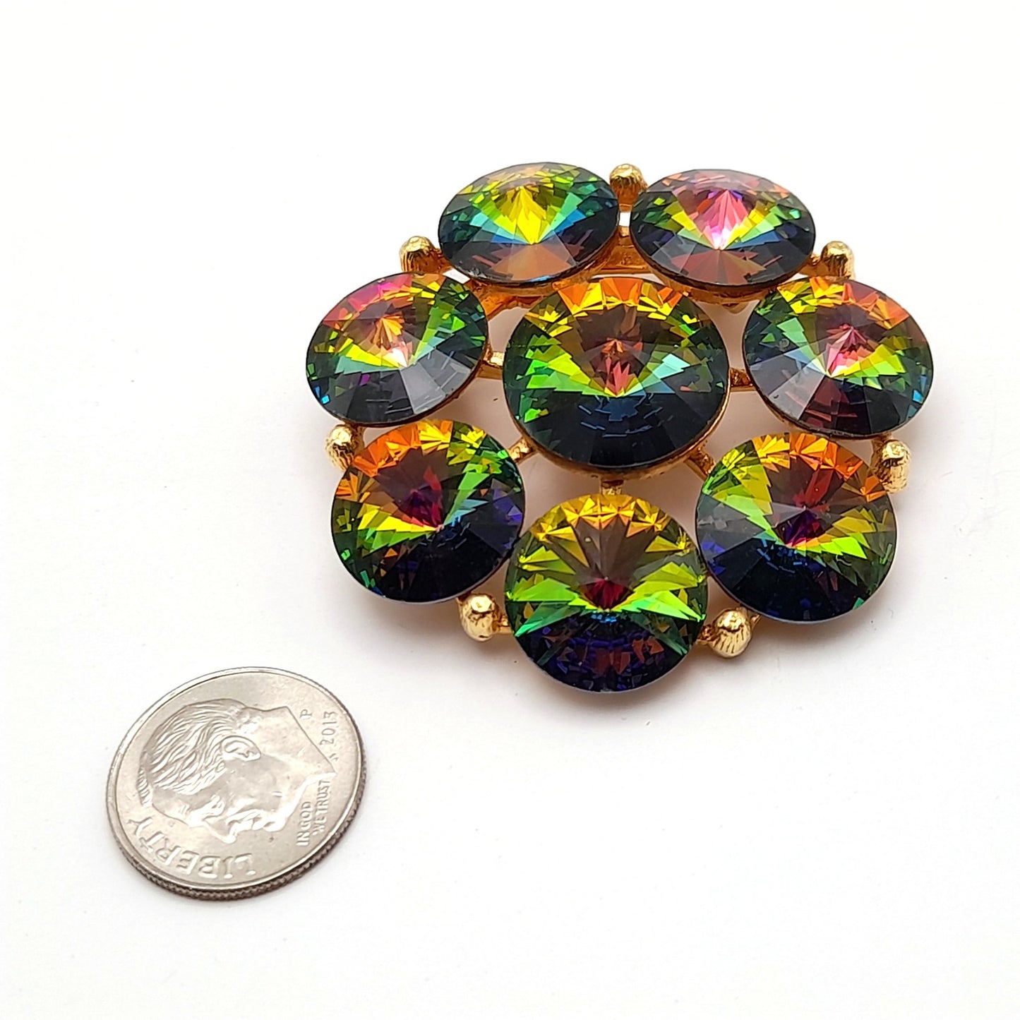 Vintage Weiss Green Watermelon Rivoli Rhinestone Brooch