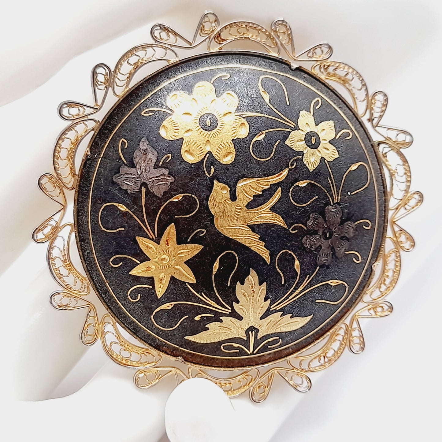 Vintage Spanish Damascene Filigree Bird Flower Gold Inlay Brooch – 2 1/4”