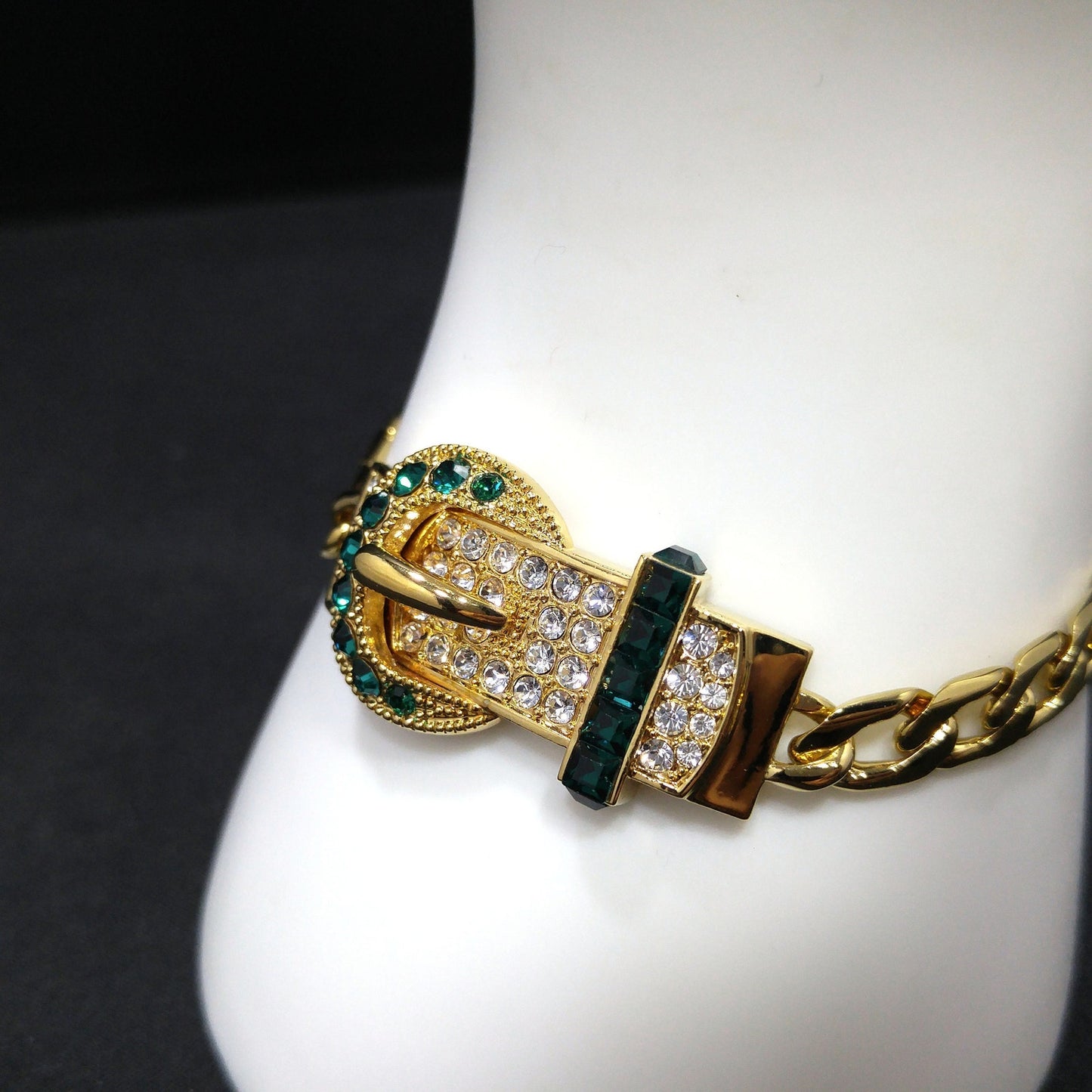 Vintage Jackie Kennedy JBK Bracelet, Faux Emerald Clear Rhinestones, Gold Plated