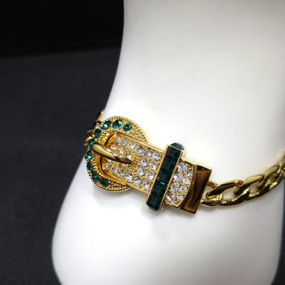 Vintage Jackie Kennedy JBK Bracelet, Faux Emerald Clear Rhinestones, Gold Plated