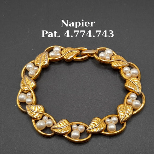 Vintage Napier 1980s Faux Pearl Leaves Gold Tone Bracelet, Pat. #4.774.743