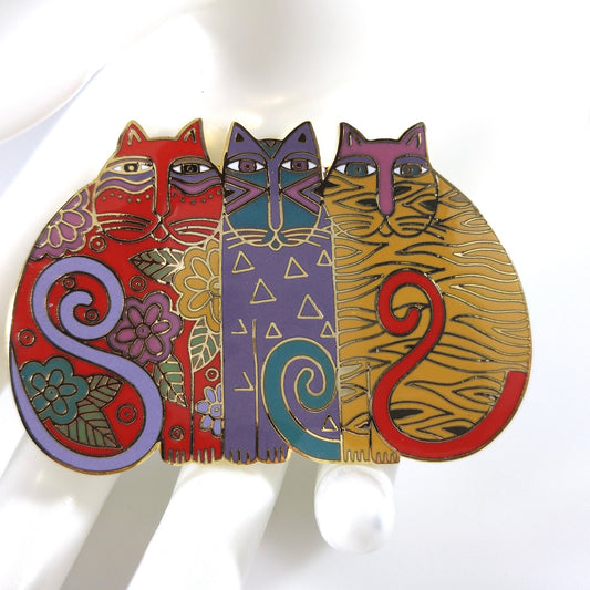 Laurel Burch "Mysticats" Large Cat Brooch, Gold Plated Cloisonne, 1980s Vintage Jewelry