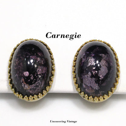 Vintage Carnegie Purple Silver Foil Glass Clip Earrings, Domed Glass, 1950s
