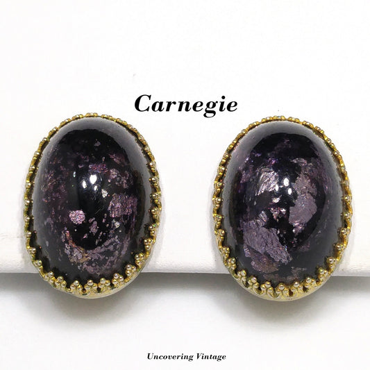 Vintage Carnegie Purple Silver Foil Glass Clip Earrings, Domed Glass, 1950s