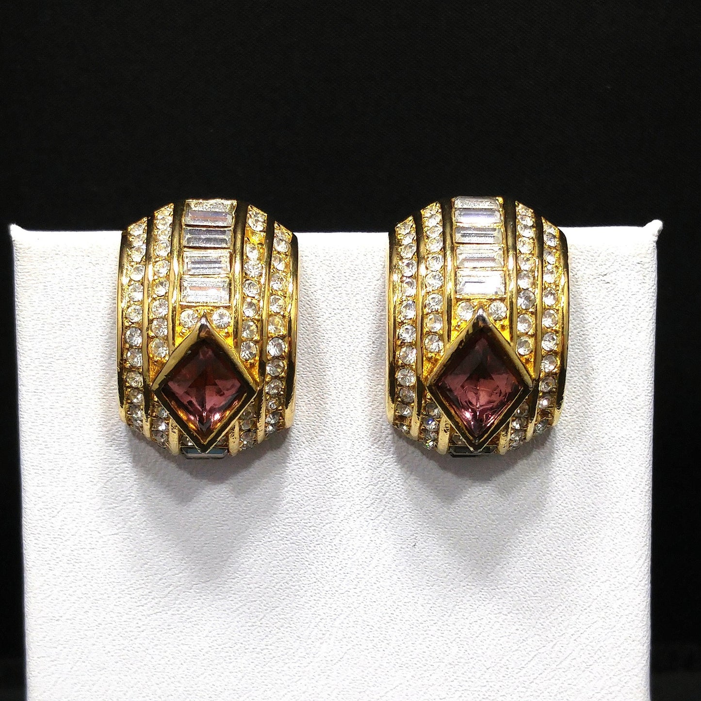 Vintage Christian Dior Earrings – 1980s Gold Plated Half Hoop Pave Rhinestone & Purple Crystal – Signed Chr. Dior Pat. 2733491