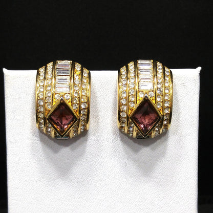 Vintage Christian Dior Earrings – 1980s Gold Plated Half Hoop Pave Rhinestone & Purple Crystal – Signed Chr. Dior Pat. 2733491