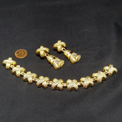 Vintage Ivana Tassel Earrings & Bracelet Set, Gold Plated, 1990s Vintage Jewelry